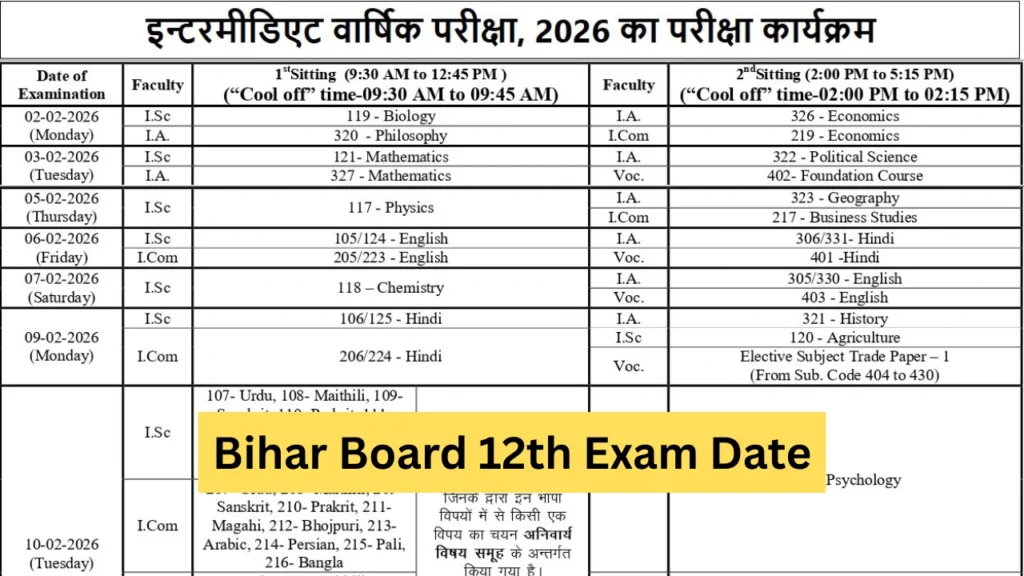 12th Exam Date 2026 Bihar Board routine